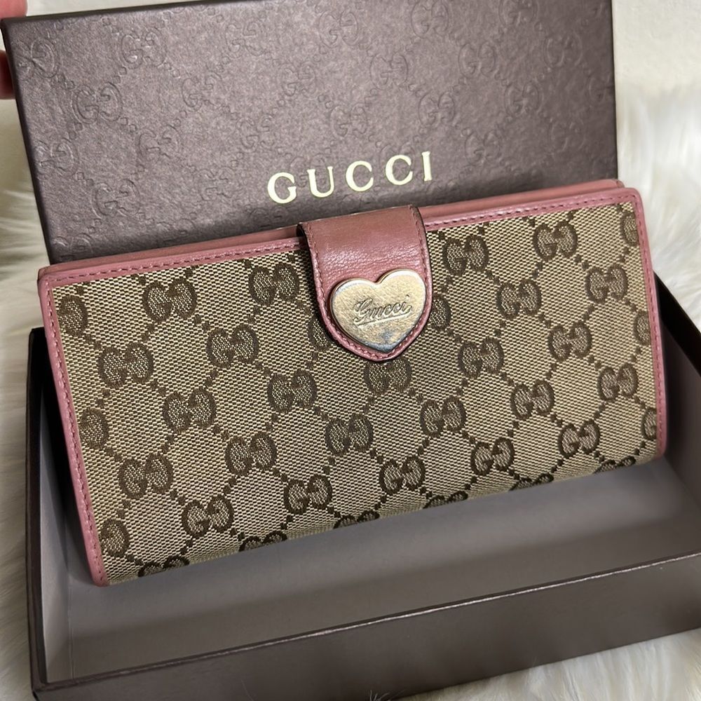 Gucci GG Canvas Pink Leather Heart Bifold Long Wallet with Box - Picture 14 of 15